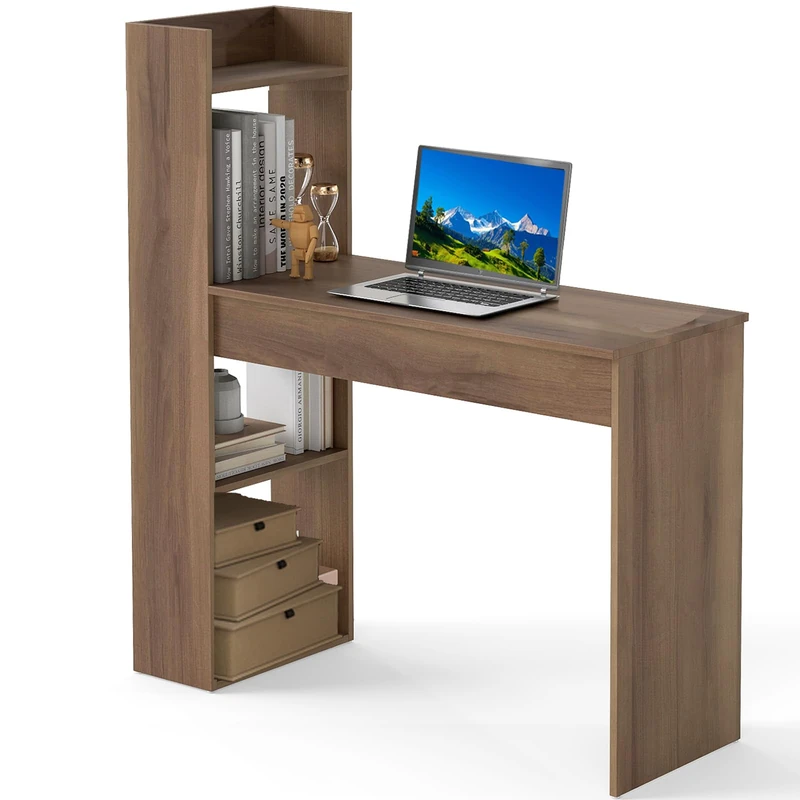 SFAREST Computer Desk with Storage Shelves, 110/122cm Home Office Workstation with 4/6-Tier Bookshelf, Modern Writing and PC Laptop Study Table for Kids Teenagers Adults(Oak,110 x 40 x 121cm)