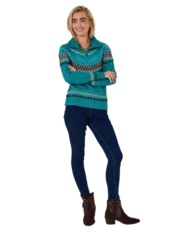 Joe Browns Women's Fairisle Chunky Half Zip Collar Jumper, Regular, Turquoise, UK 10