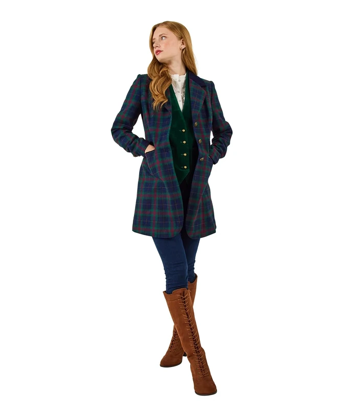 Joe Browns Women's Longline Check Jacket, Regular, Blue, UK 18