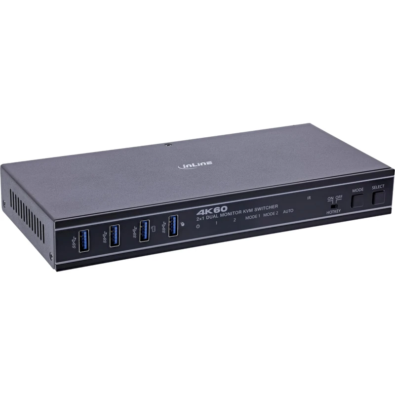 Inline KVM Switch for 2 PCs, HDMI 2.0, 4K@60Hz, Dual Monitor, USB 3.2, Hotkey & IR Remote Control, Audio Output, Metal Housing, 57885F