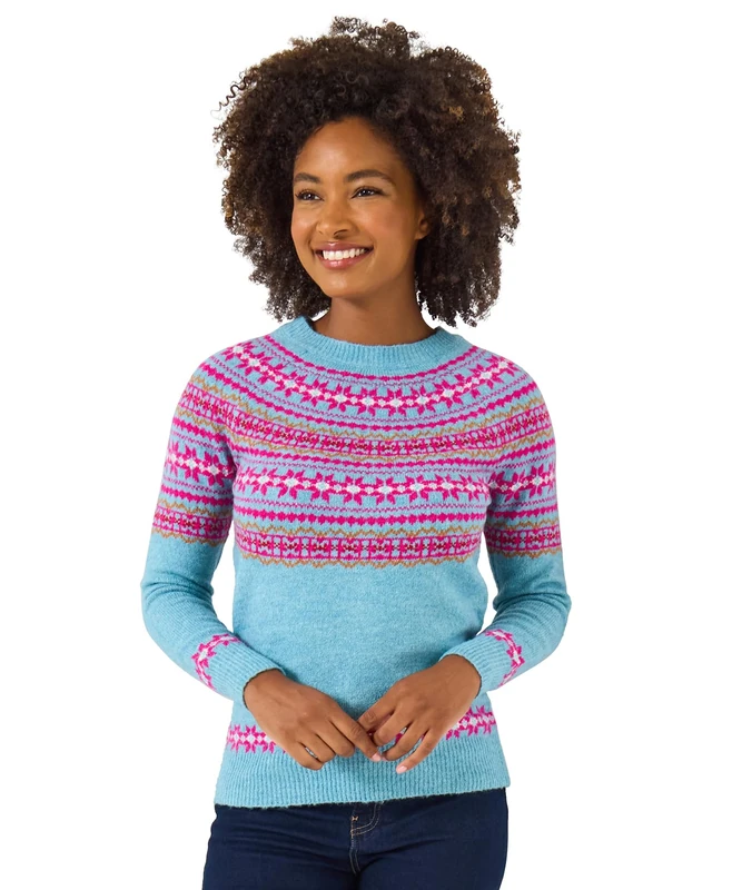 Joe Browns Women's Classic Crew Neck Fairisle Jumper Pullover Sweater, Blue, 10