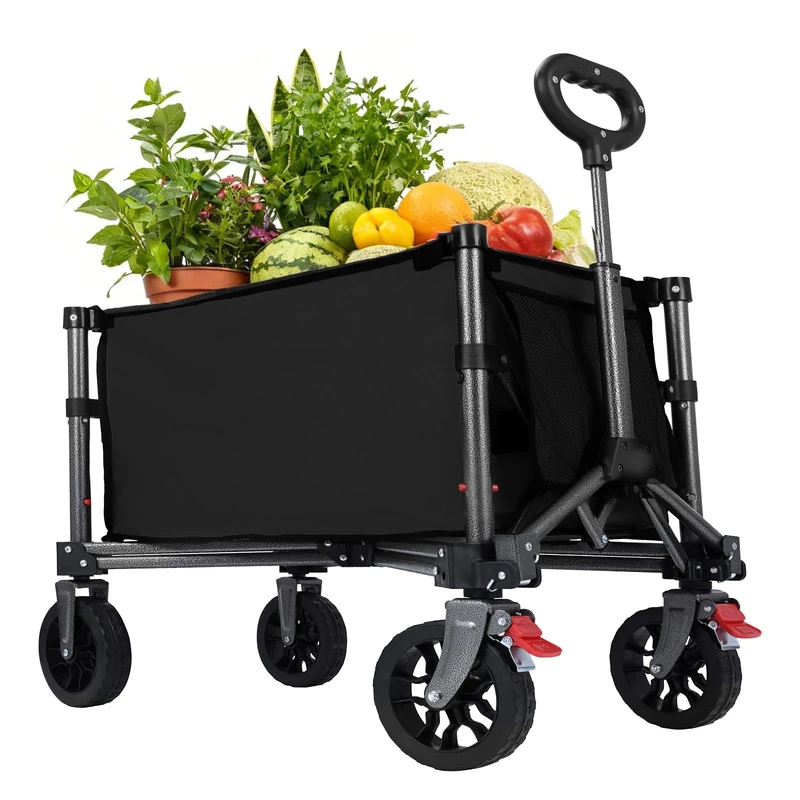 70L Festival Trolley on Wheels, Folding Wagon, Portable Mini Camping Cart, Small Trolley Foldable for Beach Outdoor Garden Shopping, Side-Opening, Wide Wheels, Adjustable Handle, Black