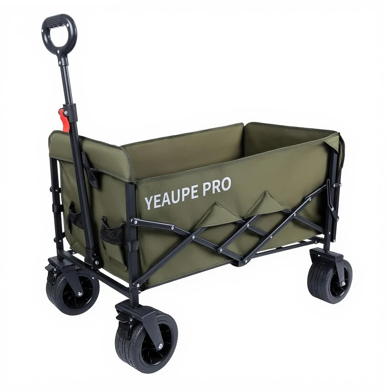 YEAUPE PRO Compact Folding Camping Trolley 70L, Mini Side-Opening Collapsible Festival Cart with 6" Narrow Wheels, Front Dual Brake, Double-Cross Frame – Lightweight Outdoor Utility Wagon,Amy Green