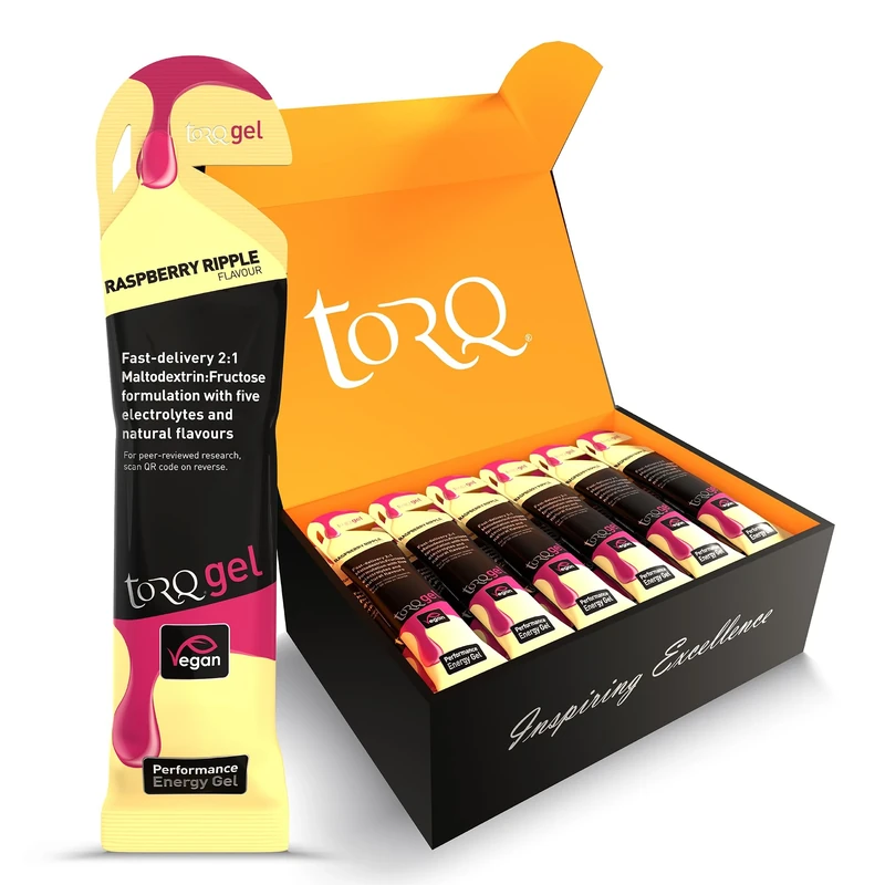 TORQ Running Gels with Electrolytes - 2:1 Maltodextrin: Fructose for Endurance Sports & Optimal Performance | Energy Gels for Running, Cycling & Marathons - 30g Carbs Per Gel | Raspberry Ripple 30