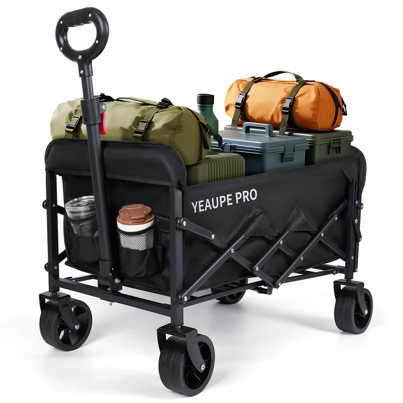 YEAUPE PRO Compact Folding Camping Trolley 70L, Mini Side-Opening Collapsible Festival Cart with 6" Narrow Wheels, Front Dual Brake, Double-Cross Frame – Lightweight Outdoor Utility Wagon,Black