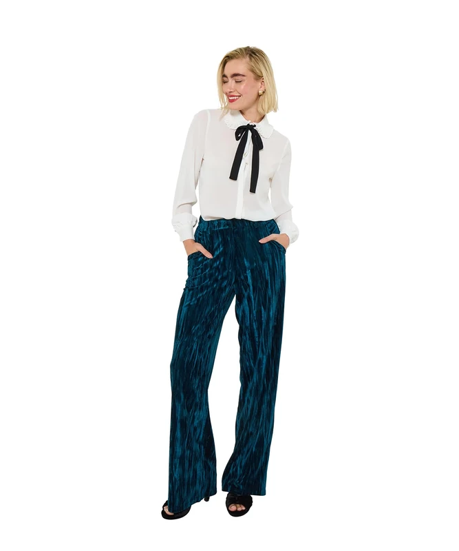 Joe Browns Women's Crushed Velvet Straight Leg Trousers Suit Pants, Blue, 18