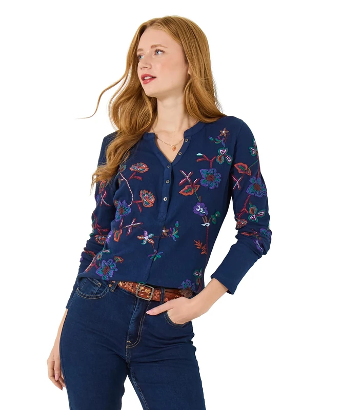 Joe Browns Women's Stretchy Embroidered Jersey Top Blouse, Blue, 8
