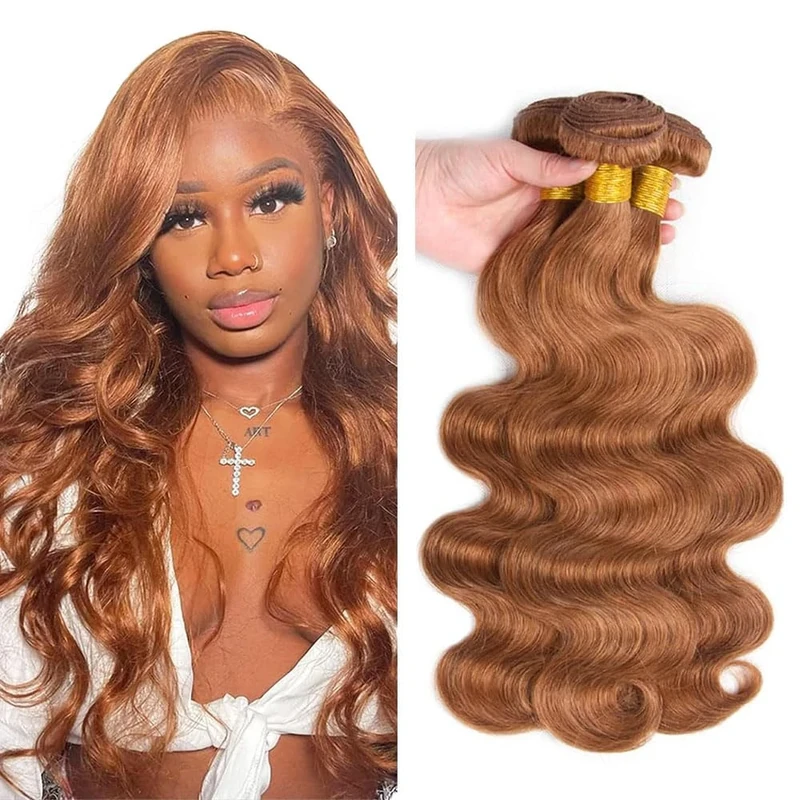 Jucames #30 Light Brown Color Human Hair Bundles Body Wave Invisible Knotless Virgin Weave 3 Bundles Total 150g Human Hair Extensions For Woman 18 20 22 Inch
