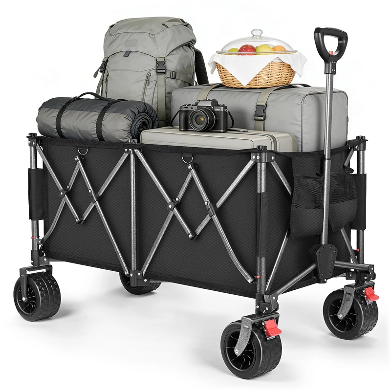 YEAUPE PRO Folding Camping Wagon 150L – Heavy Duty Collapsible Trolley with Dual Cross Frame, 6” Wide Wheels, Front Double Brake, Mesh Bag 90×50cm, Black Utility Cart for Outdoor & Garden