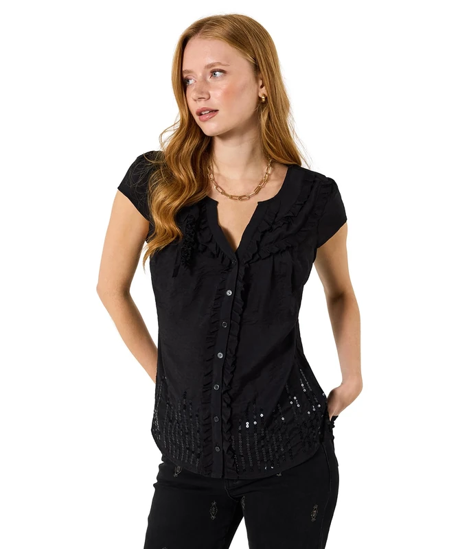 Joe Browns Women's Sequin and Corsage Detail Blouse, Regular, Black, UK 8