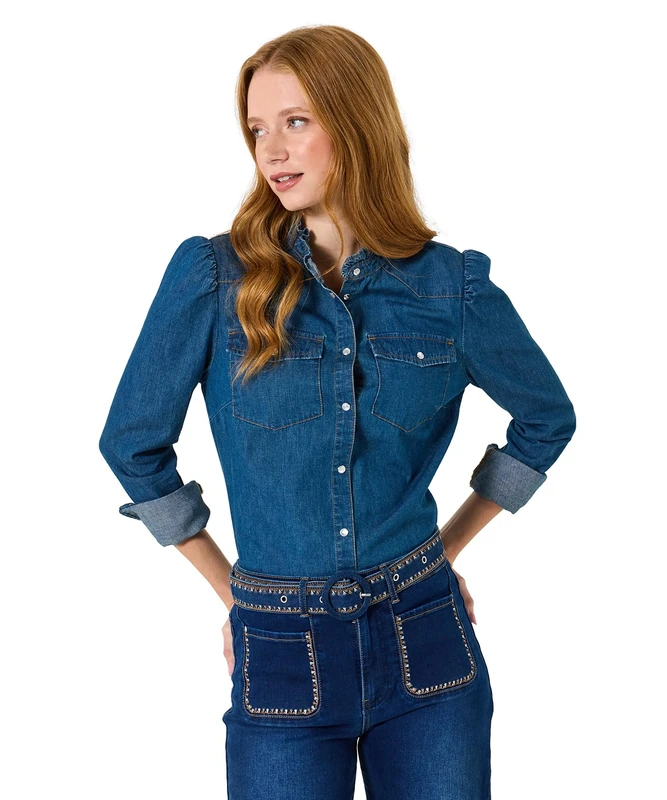 Joe Browns Women's Ruffle Collar Denim Blouse, Blue, 14