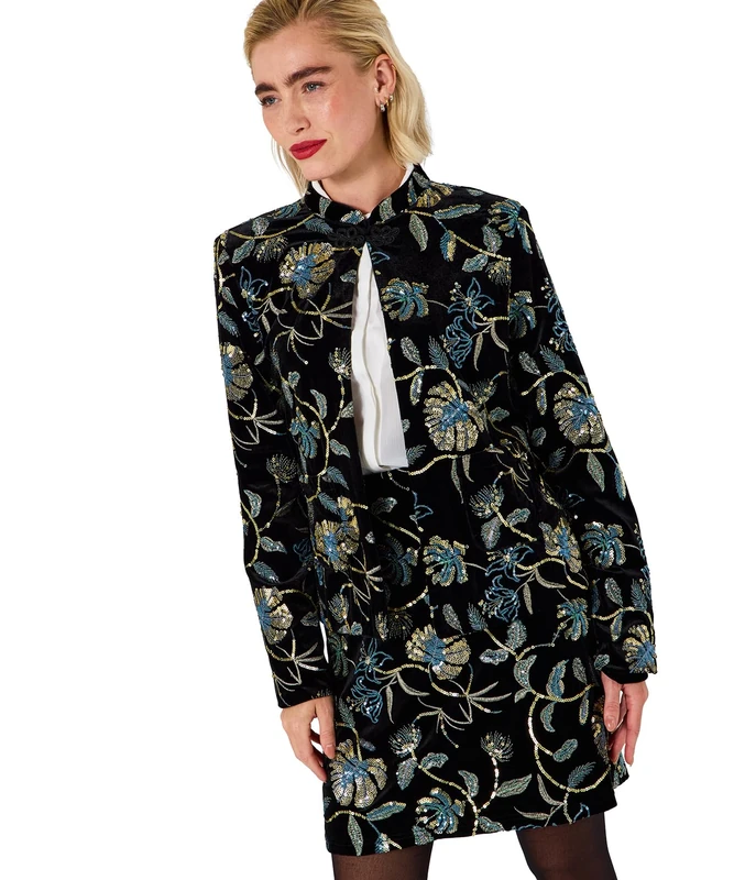 Joe Browns Women's Boutique Embroidered Velour Jacket, Black, 12