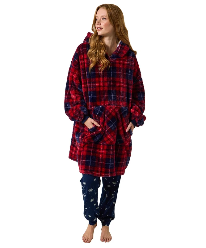 Joe Browns Women's Winter Check Longline Hoodie Hooded Sweatshirt, Red, M