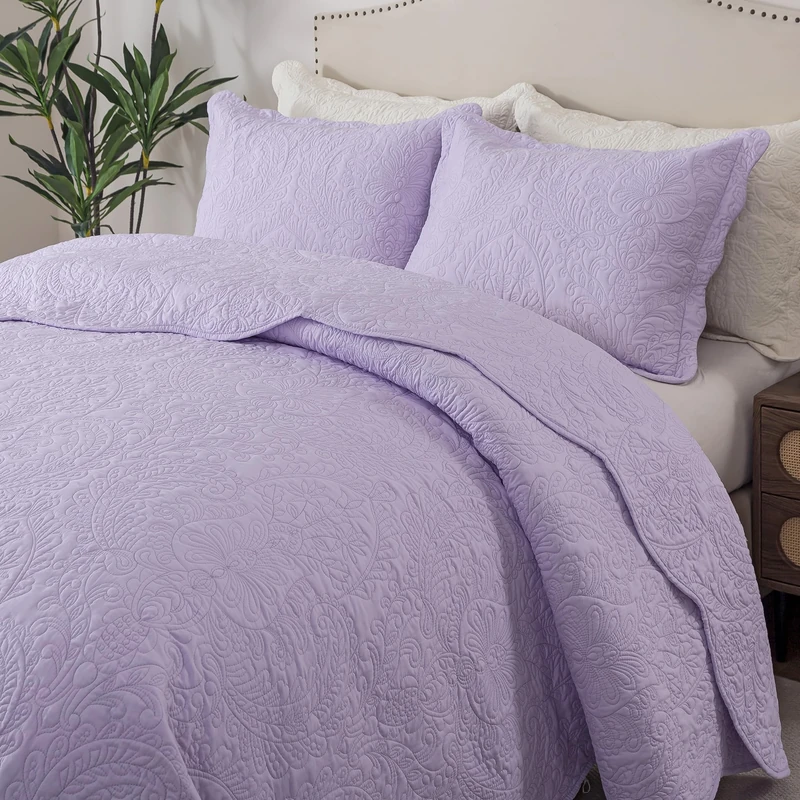 HoneiLife Quilt Sets King Size - Microfiber Bedspreads for King Bed, 3-Piece Lightweight Coverlets, Retro Bedlinen Sets, King Quilt Bedding Set All Season Use-Light Purple