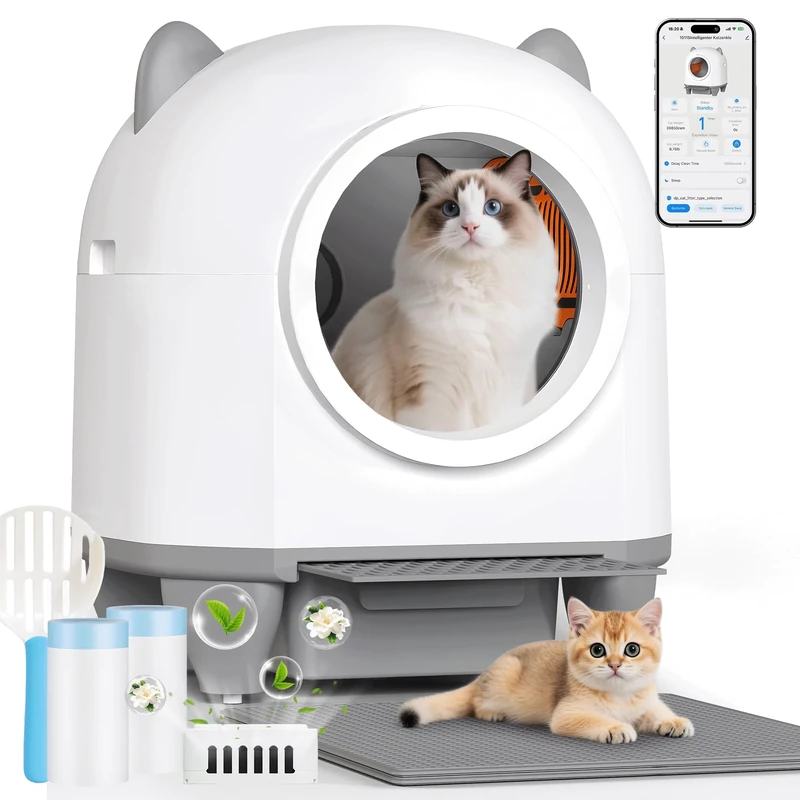 JUMMICO90L Self-Cleaning Cat Litter Box, XXL Litter Box, APP Control/Security/Health Monitoring/Double Deodorization, with Mat/Fragrance, for Multiple Cats