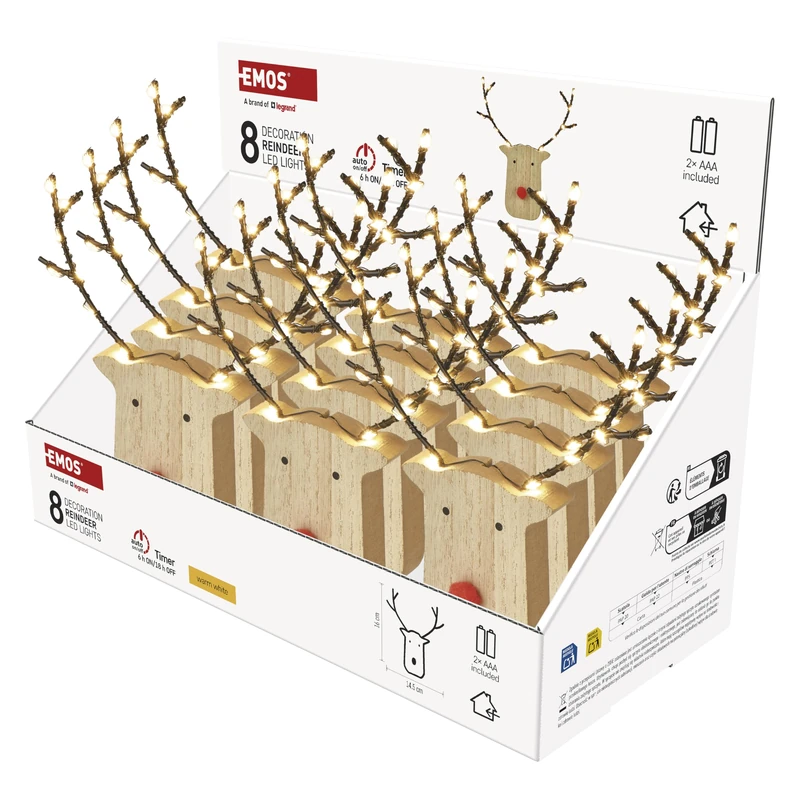 EMOS - Reindeer Head with Luminous Antlers, 12 Pieces - Wooden Decoration with 8 LEDs, Warm White - 6/18h Timer, Battery Operated (2X AAA incl.) - Lifetime 10000 Hours - for Indoor use - Natural Wood - Image 1