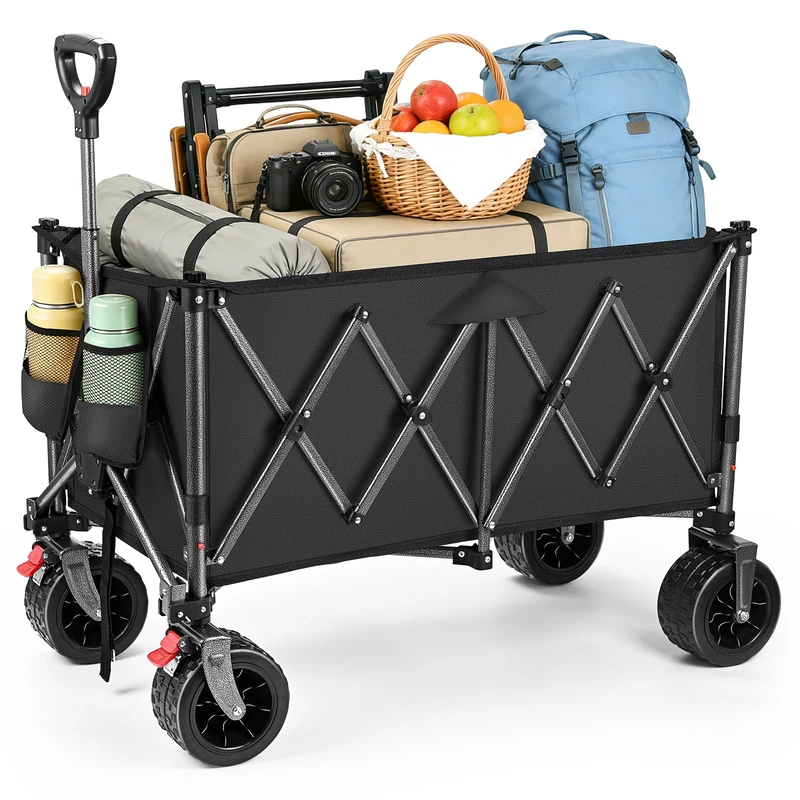 160L Festival Trolley on Wheels, Large Folding Wagon, Portable Heavy Duty Camping Cart, Heavy Duty Camping Trolley Foldable for Beach Outdoor Garden Shopping Fishing, Ultra Wide Wheels Classic Black