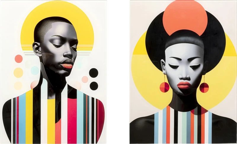 Kare Design Glass Picture Muse Retro Lady, Multicoloured, Set of 2, Rectangular, Wall Art, Modern Design, Decorative Home Accessories for Living Room, Bedroom