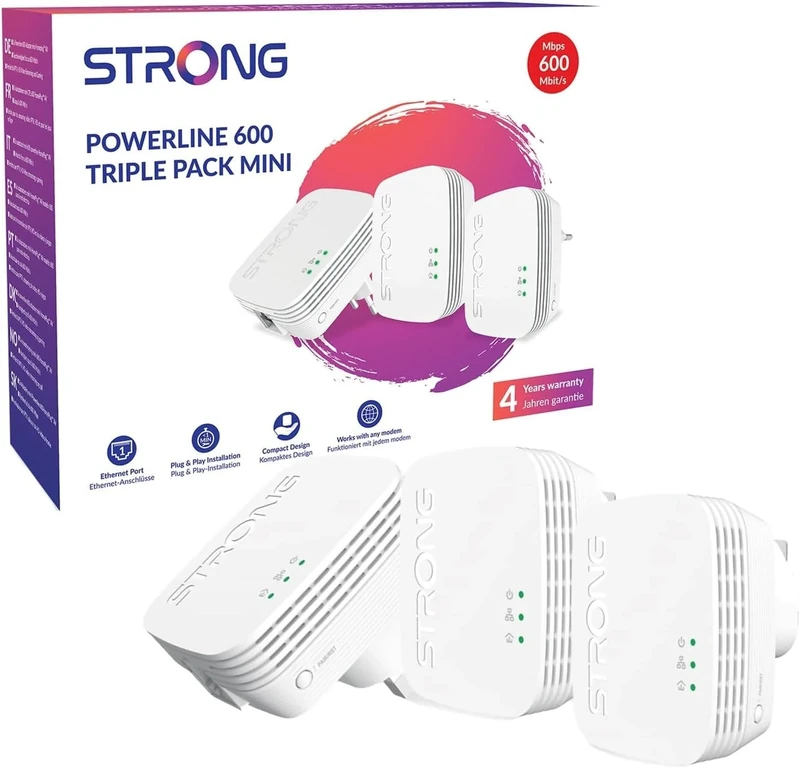 STRONG AV600 Powerline Adapter, HomePlug AV2 Ethernet Extender, Plug & Play Setup, One-Button Security, Power Saving Mode, 100Mbps LAN, Ideal for TV, PC, or Gaming Console(3 Pack & New Version)