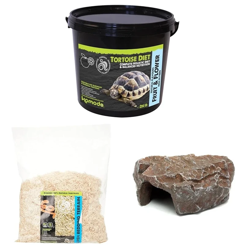 Komodo Complete Holistic Tortoise Diet Fruit & Flower 2 kg (2.1 kg), Aspen Bed Terrain 12 L (30×10×45 cm) & Brown Rock Den Large – Tortoise Food, Substrate & Hideout Kit