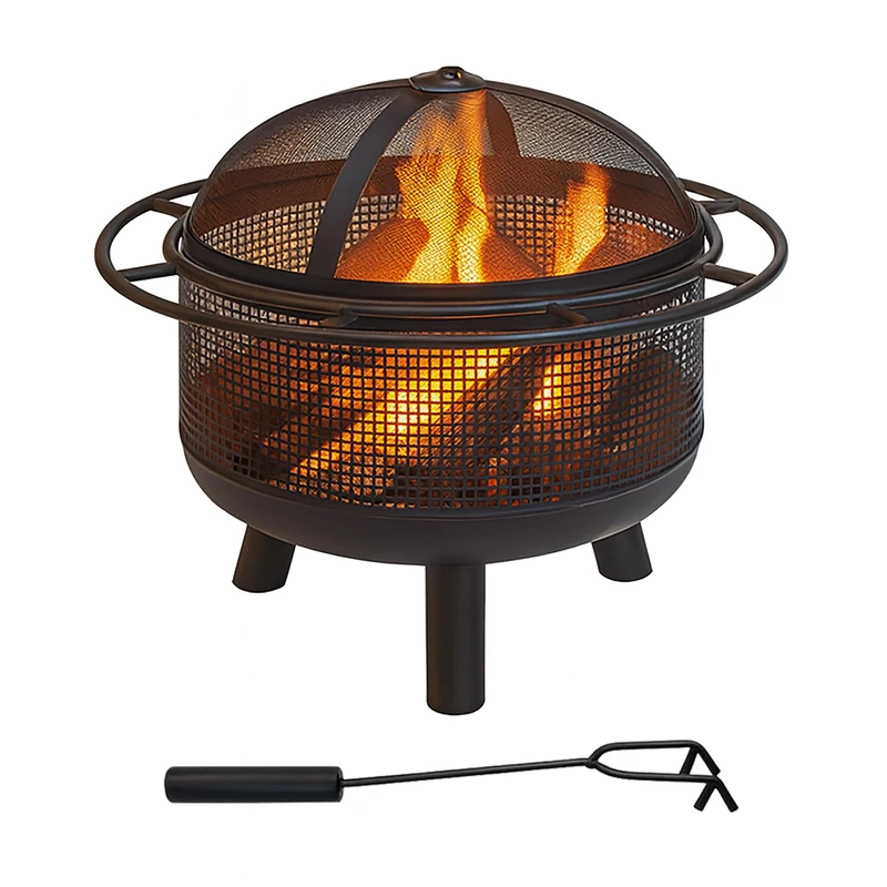 Relaxdays Fire Pit with Spark Screen, H: 52x60 cm, Poker, Garden & Terrace, Outdoor Fire Bowl, Iron, Black
