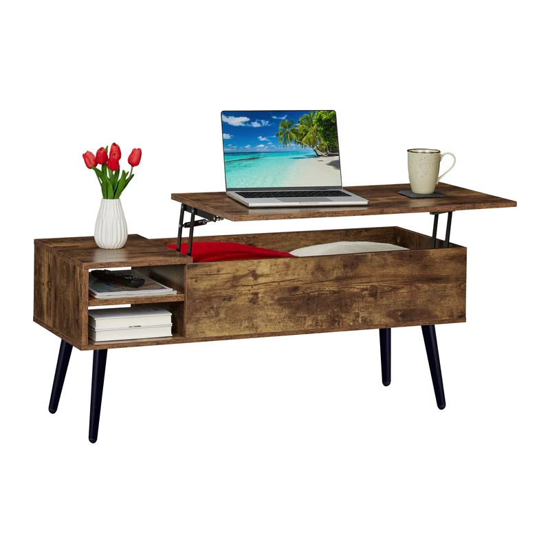 Relaxdays lift-top coffee table with storage, HxWxD: 46x100x40 cm, 2 side pockets, industrial design, brown/black
