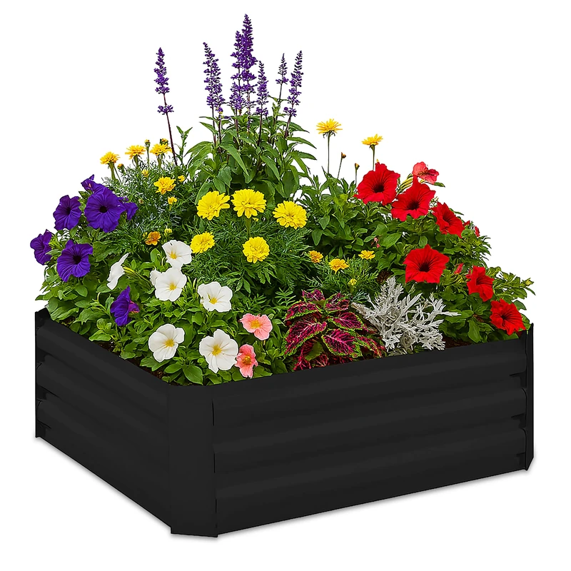 Relaxdays Raised Flowerbed, Galvanised Metal, for Flowers, Plants & Vegetables, HxWxD: 30x90x90 cm, Plant Bed, Black