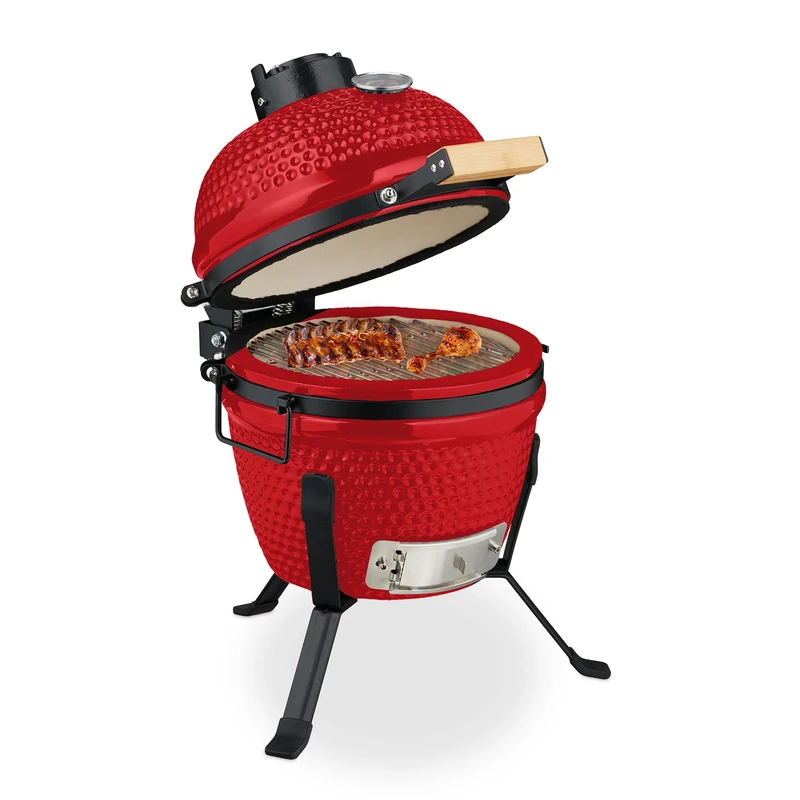 Relaxdays Kamado Barbecue, Ø 26 cm, Ceramic BBQ Grill, with Thermometer up to 450°C, Outdoor Cooking, Smoker, Egg Shape