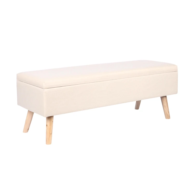 Relaxdays linen storage bench, HxWxD: 40x110x40 cm, wooden legs, padded for bedroom or hallway, beige