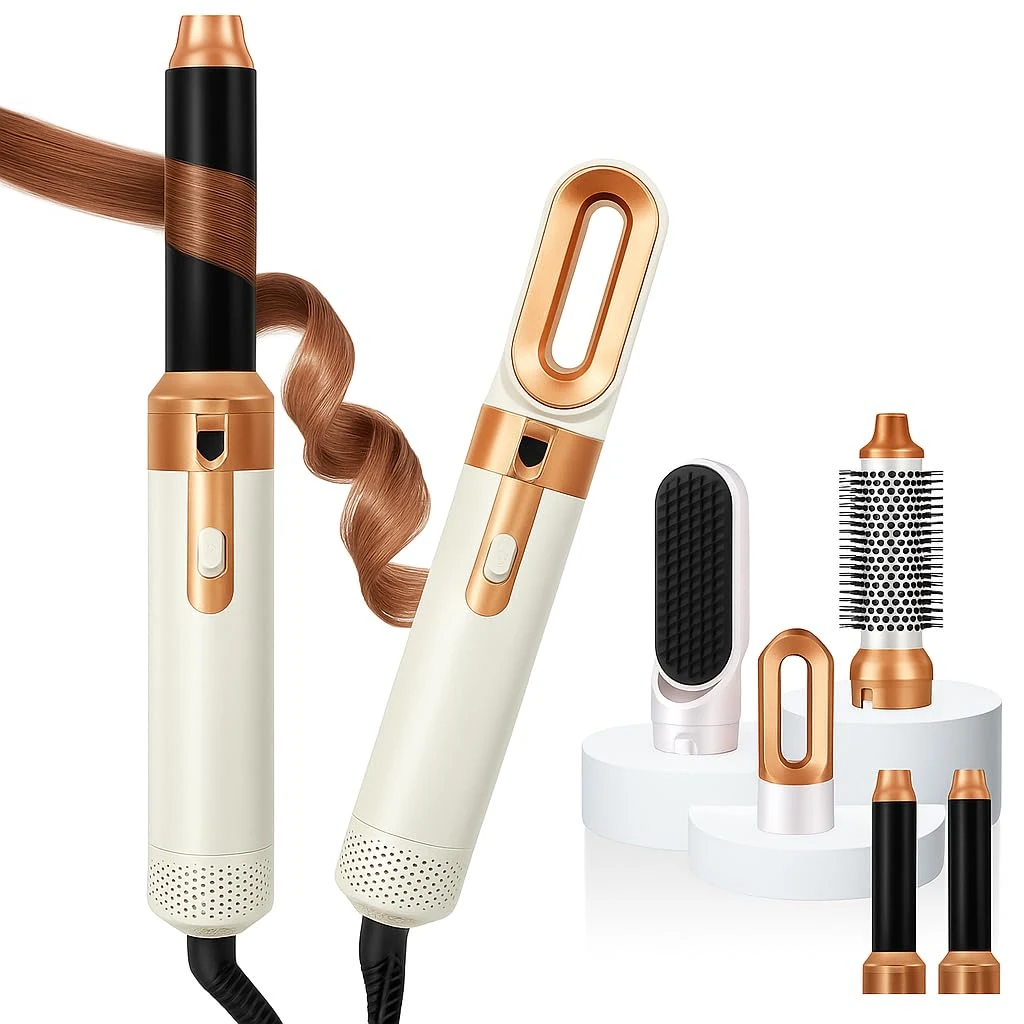 KKM STYLER New Updated 5 in 1 Hair Styler, Hot Air Brush, Hair Dryer Brush, Hair Curler, Air Styler, Hair Dryer Set - Perfect for Volumizing, Straightening, and Curling at HOM(Gold &White)