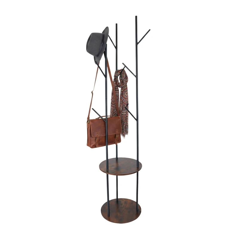 Relaxdays coat stand, 8 hooks, 2 shelves, HxD: 175 x 40 cm, clothing rack, metal & MDF, black/brown