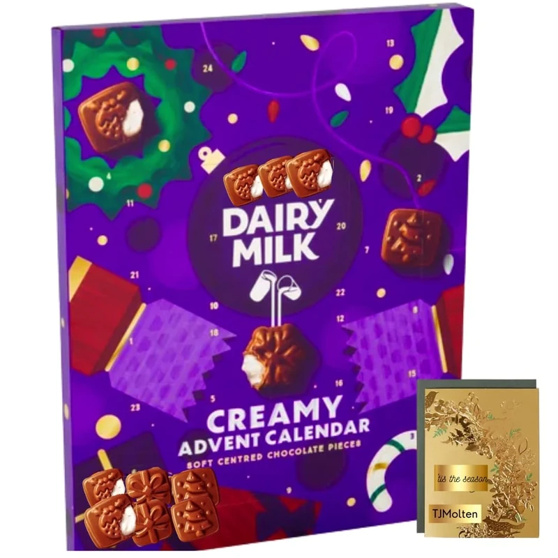 Chocolate Advent Calendar 2025 - Christmas Chocolates with Smooth Creme Centres - 24-Day Countdown to Christmas 2025 - Kids Adult Advent Calendar 170g - Chocolate Gift with TJMolten Christma card