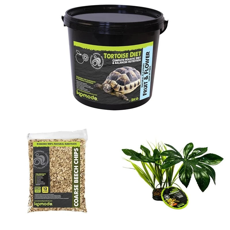 Komodo Complete Holistic Tortoise Diet Fruit & Flower 2 kg (2.1 kg), Coarse Beech Chips 12 L & Jungle Canopy Plant – Tortoise Food, Substrate & Habitat Décor Kit