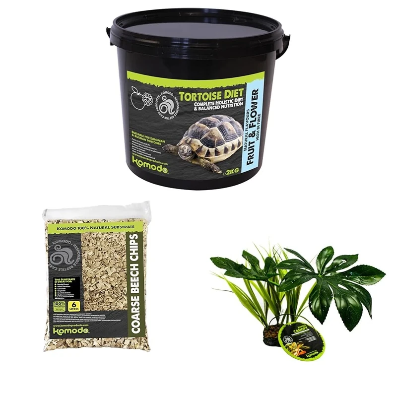 Komodo Complete Holistic Tortoise Diet Fruit & Flower 2 kg (2.1 kg), Coarse Beech Chips 6 L & Jungle Canopy Plant – Tortoise Food, Substrate & Habitat Décor Kit