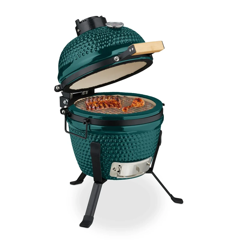 Relaxdays Kamado Barbecue, Ø 26 cm, Ceramic BBQ Grill, with Thermometer up to 450°C, Outdoor Cooking, Smoker, Egg Shape
