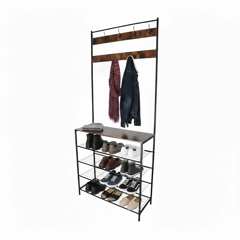 Relaxdays, 4 shoe shelves, 2 hook rails, hallway coat rack HxWxD 190 x 80 x 30 cm, iron, black/brown, Fibreboard