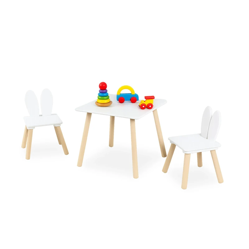 Relaxdays children's seating group, 3 pieces, kids' table, 2 chairs, rabbit ears, kids' room seating, white/natural
