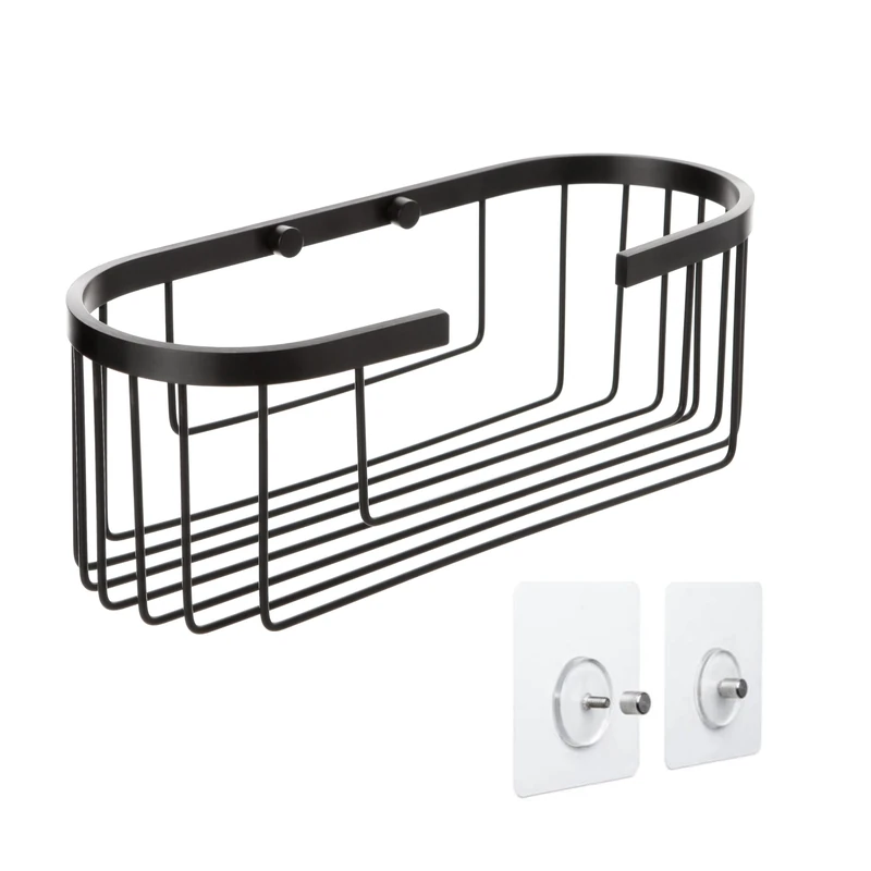 TATAY Shower Shelf No Drill Oval | Includes Mounting System (Quick Fix) | Holds up to 5 kg | 100% Stainless Aluminium | Shower Caddy for Bathroom Storage – 12 x 11.5 x 30 cm – Black