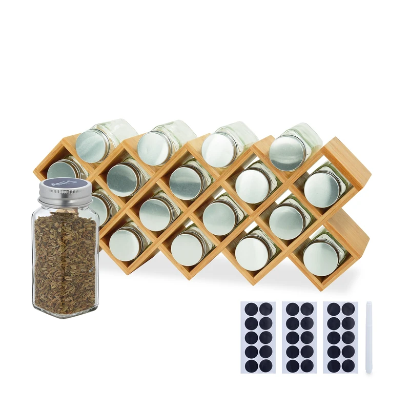 Relaxdays spice rack, bamboo, HWD: 25.5x43x9.5 cm, jars, labels, pen, spice stand, worktop, kitchen, natural