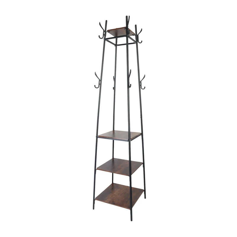 Relaxdays Coat, 8 Hooks, 4 Shelves, HWD 140 x 43 x 43 cm, Clothes Rack, Iron & MDF, Black/Dark Brown, Fibreboard, 180 x 43 x 43 cm
