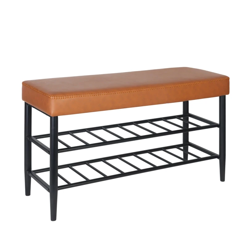 Relaxdays shoe bench, padded faux leather seat, 2 shoe shelves, holds 6 pairs of shoes, HWD 50x80x30 cm, brown