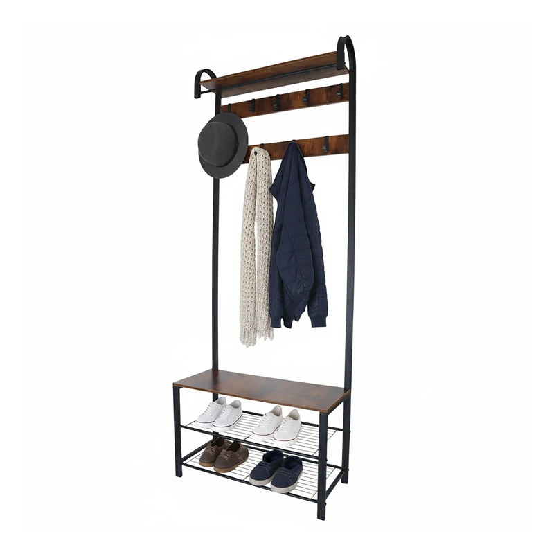 Relaxdays coat stand, shoe bench with 2 shelves, 9 hooks, hat shelf, HWD 182 x 69 x 30 cm, black/brown, Iron, Fibreboard