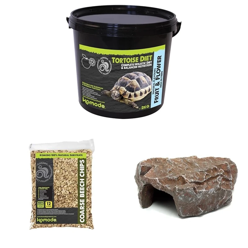 Komodo Complete Holistic Tortoise Diet Fruit & Flower 2 kg (2.1 kg), Coarse Beech Chips 12 L & Brown Rock Den Large – Tortoise Food, Substrate & Hideout Kit