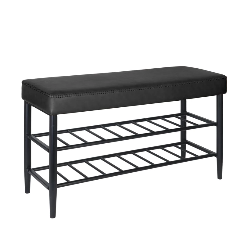 Relaxdays shoe bench, padded faux leather seat, 2 shelves for 6 pairs, shoe rack HWD 50x80x30 cm, black - Image 1