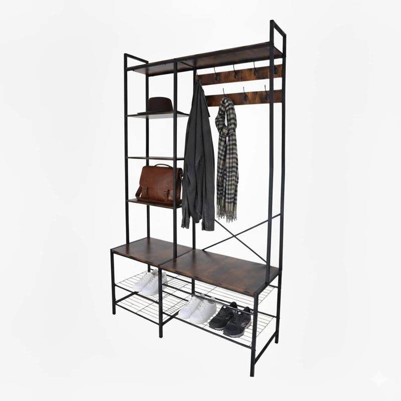 Relaxdays coat rack, 4 shoe shelves, 9 double hooks, 5 hat racks, HWD 190 x 120 x 40 cm, black/brown - Image 1