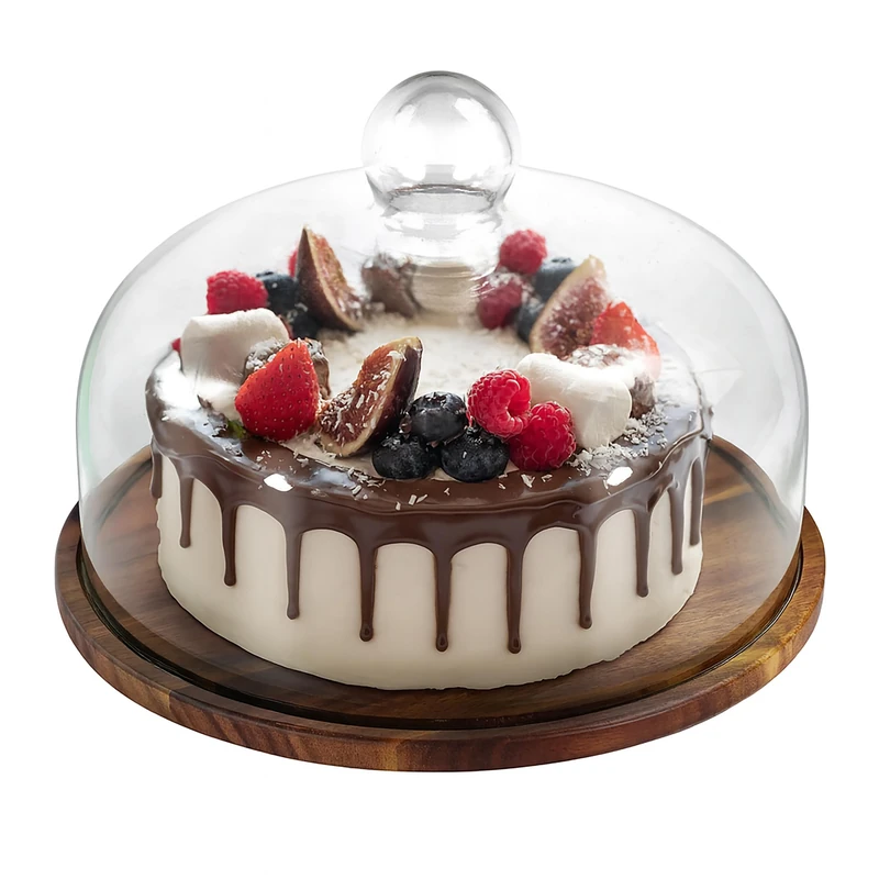 Relaxdays Cake Plate with Glass Lid, Acacia Wood Base, Keeps Food Fresh, 16x28 cm Natural Design