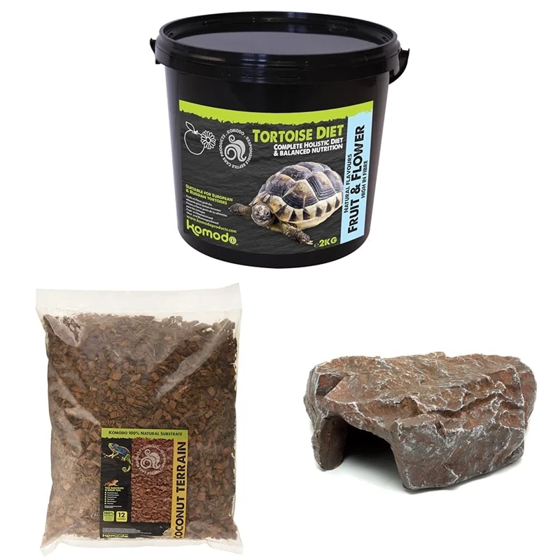 Komodo Complete Holistic Tortoise Diet Fruit & Flower 2 kg (2.1 kg), Coconut Terrain 12 L & Brown Rock Den Large – Tortoise Food, Substrate & Hideout Kit