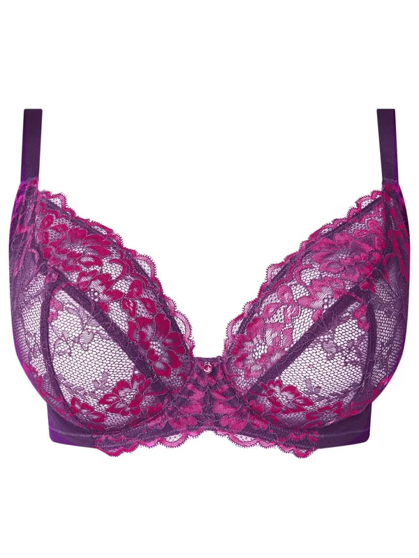 Ann Summers Sexy Lace Fuller Bust Non Padded Plunge Bra Curve-Enhancing Womens Underwear with Underwire Support, Sheer Lace Cups & Power Mesh Wings Purple