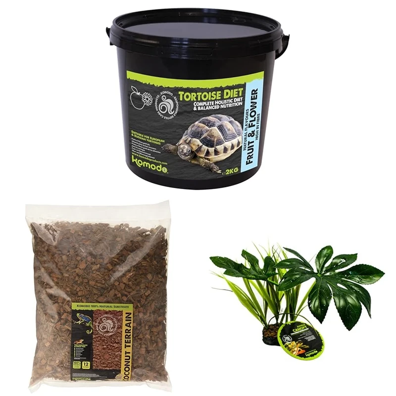 Komodo Complete Holistic Tortoise Diet Fruit & Flower 2 kg (2.1 kg), Coconut Terrain 12 L & Jungle Canopy Plant – Tortoise Food, Substrate & Habitat Décor Kit