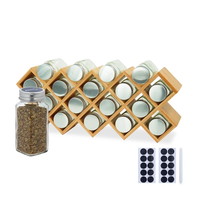 Relaxdays bamboo spice rack, HWD: 18 x 43 x 9.5 cm, jars, labels, pen, kitchen shelf, countertop, natural